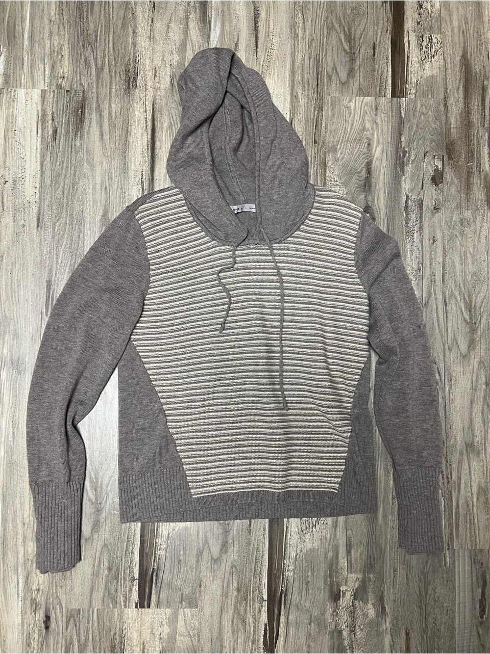 Athleta Noe 100% Merino Wool Hooded Sweater Taupe Cream Stripe Hoodie Size L